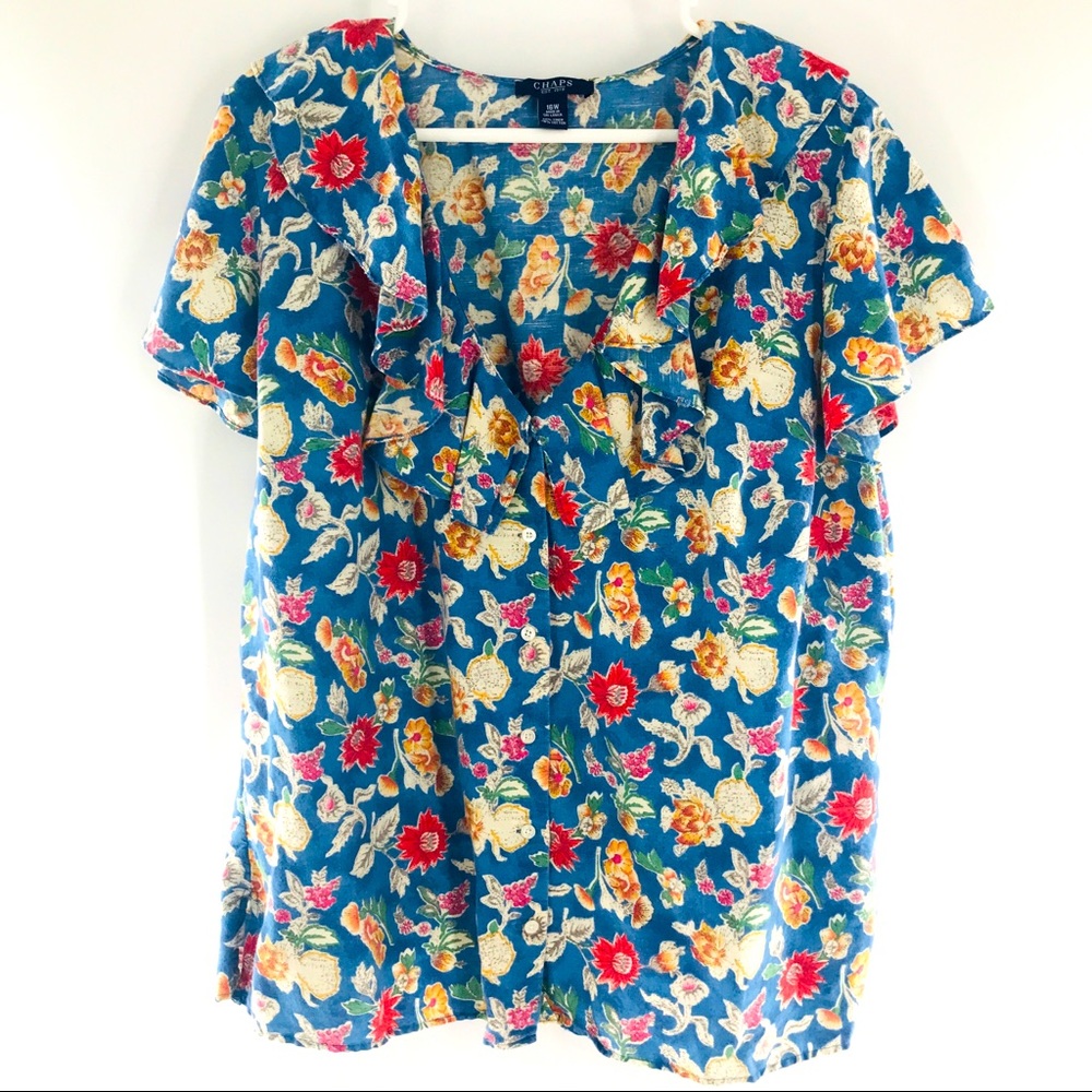 CHAPS Linen Blend Floral Blue V-Neck Ruffle Collar